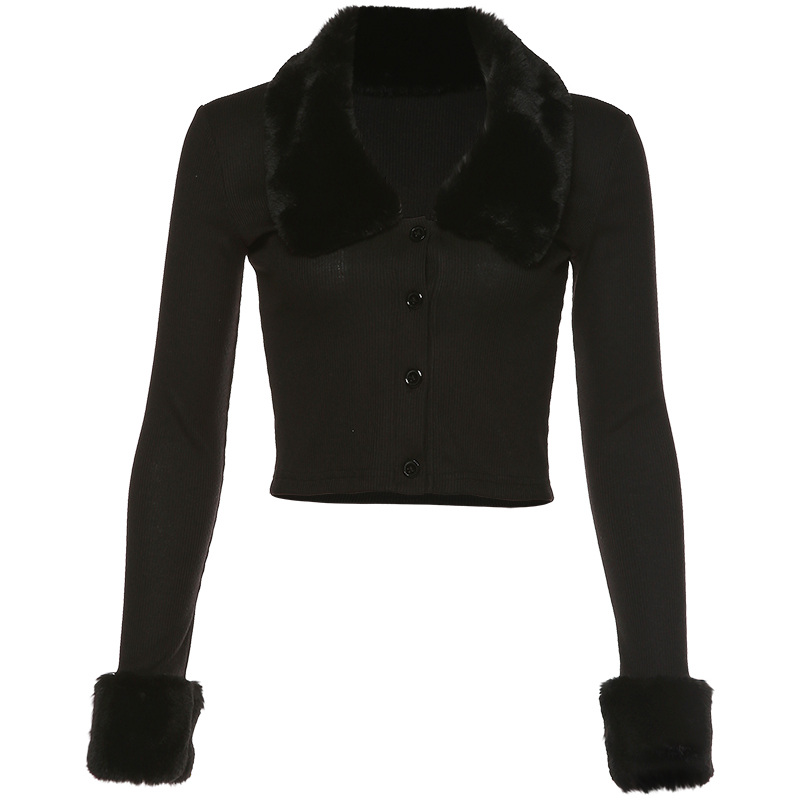 유럽과 미국의 새로운 블랙 모직 칼라 커프 v-목 단추 탑 슬림 맞는 짧은 스웨터 코트 여성을위한